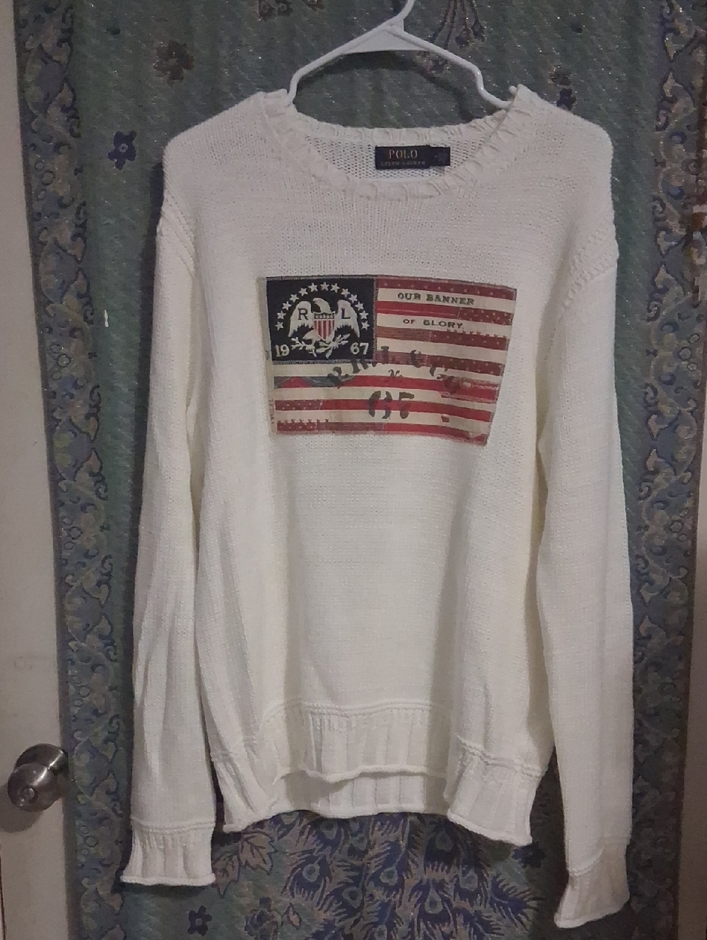 Ralph Lauren White Knit Sweater with Vintage Flag Graphic